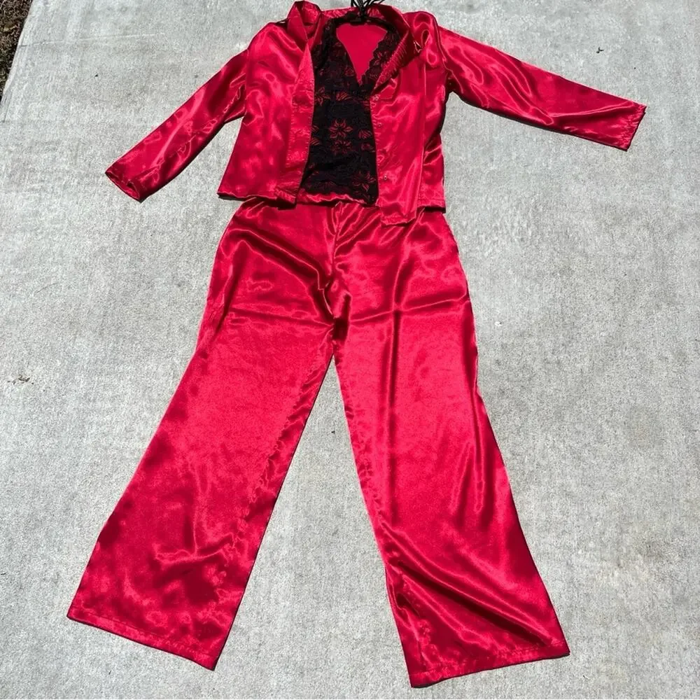 Vintage Fredericks Of Hollywood Satin Pajama‎ Set Red Black Lace 3 Pc Sleepwear